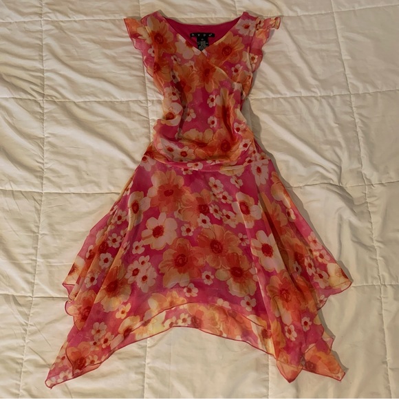 Y2k Fairy Halter Asymmetrical Floral Pink/Orange Dress - Picture 1 of 4